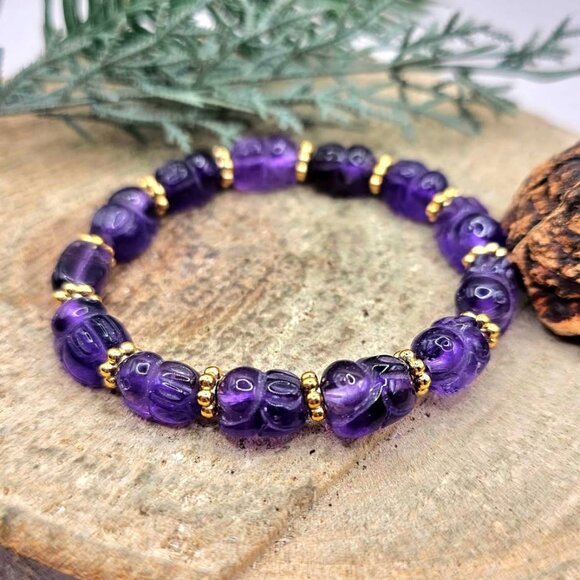 Rare Nature Amethyst Hand Carved Rabbit Beads Bracelet - Picture 5 of 10